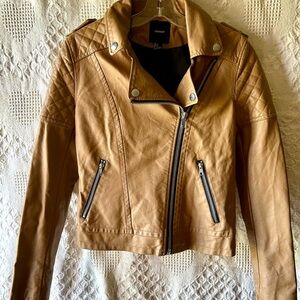 Forever 21 Faux Leather Jacket - Beige, Size Small/Petite, Front Zip Closure